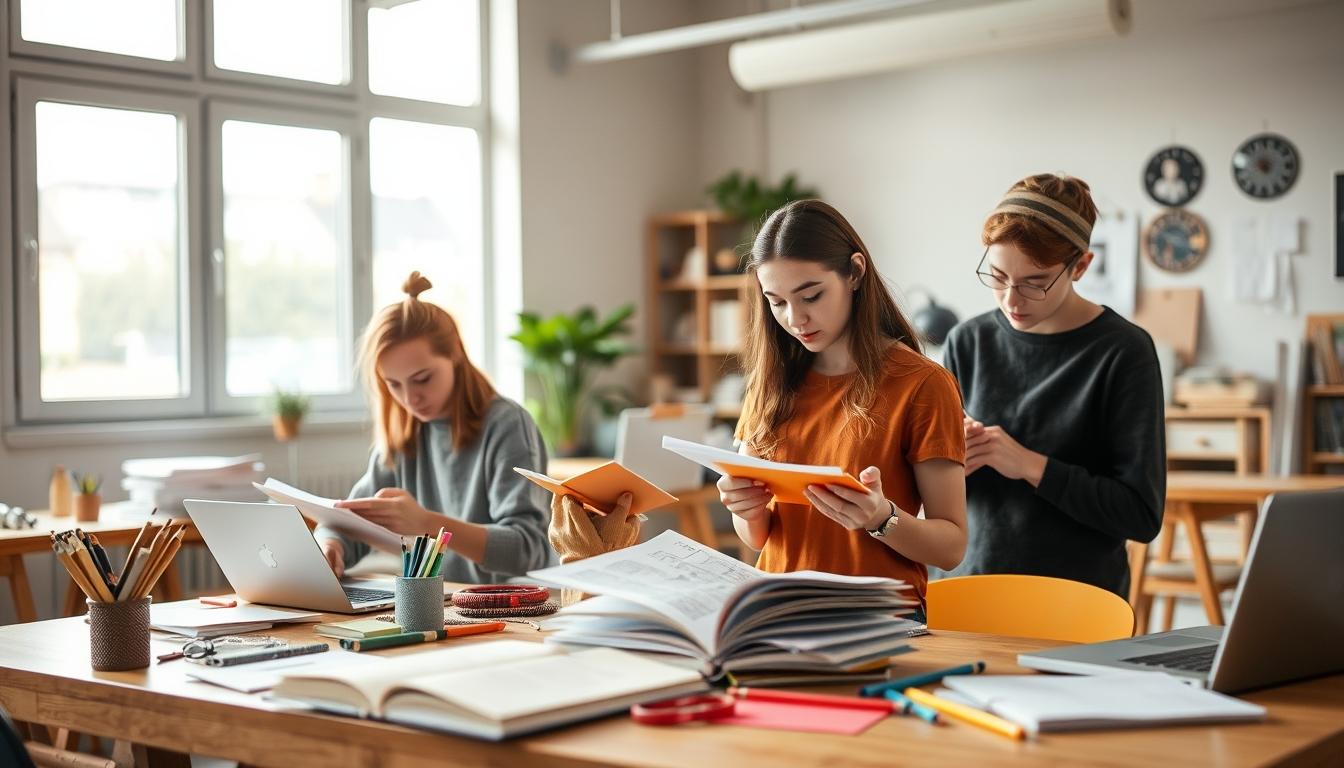 Students studying together in modern classroom